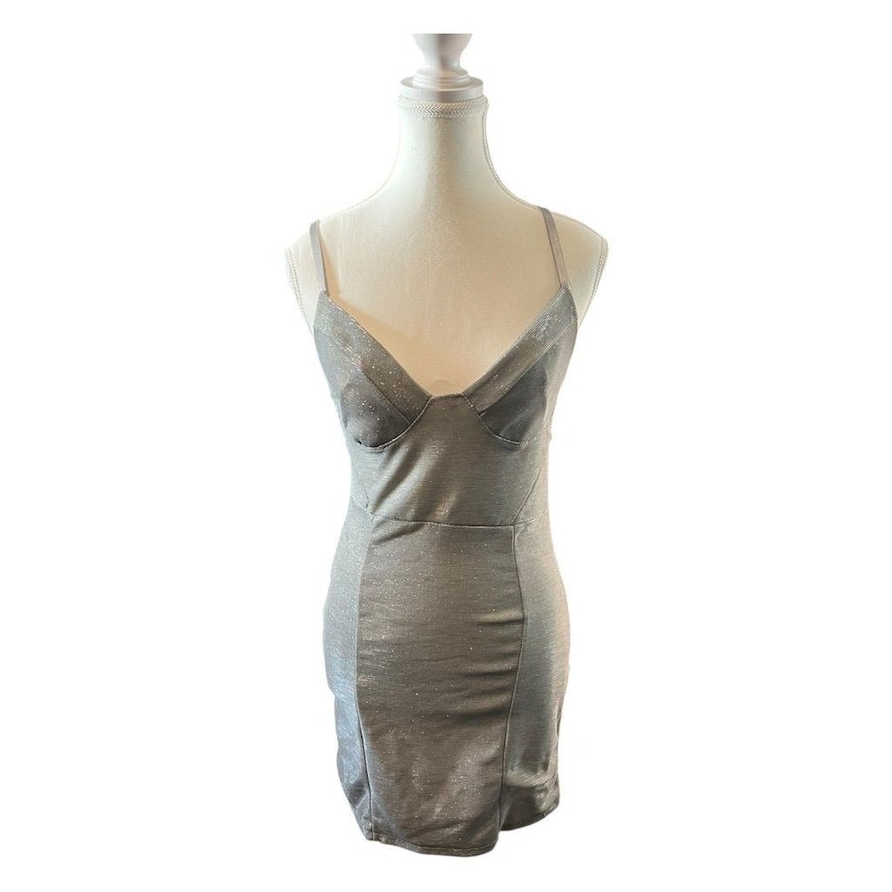 Silver Shimmer Mini Dress Spaghetti Strap Bodycon Party Club Y2K S